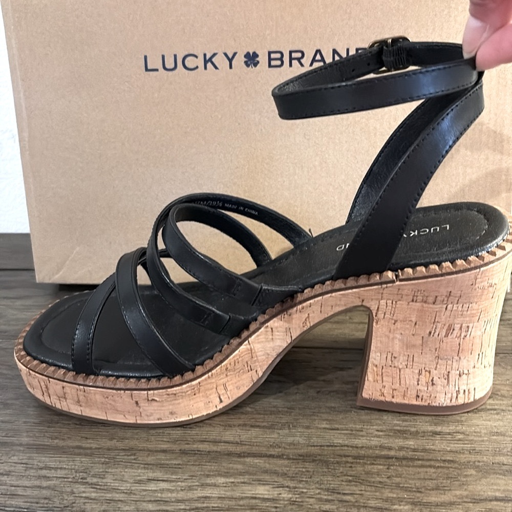 ❌SOLD❌ NIB [Lucky] Taiza Black Strappy Leather Heel Platform Sandals Women’s 8.5 - Picture 8 of 16